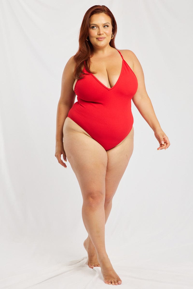 Red V-neck Textured One Piece Swimsuit