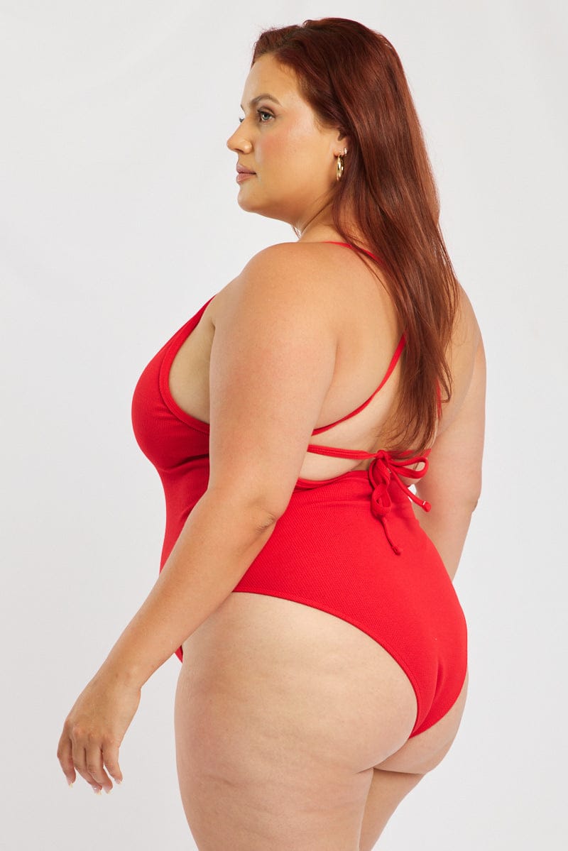 Red V-neck Textured One Piece Swimsuit