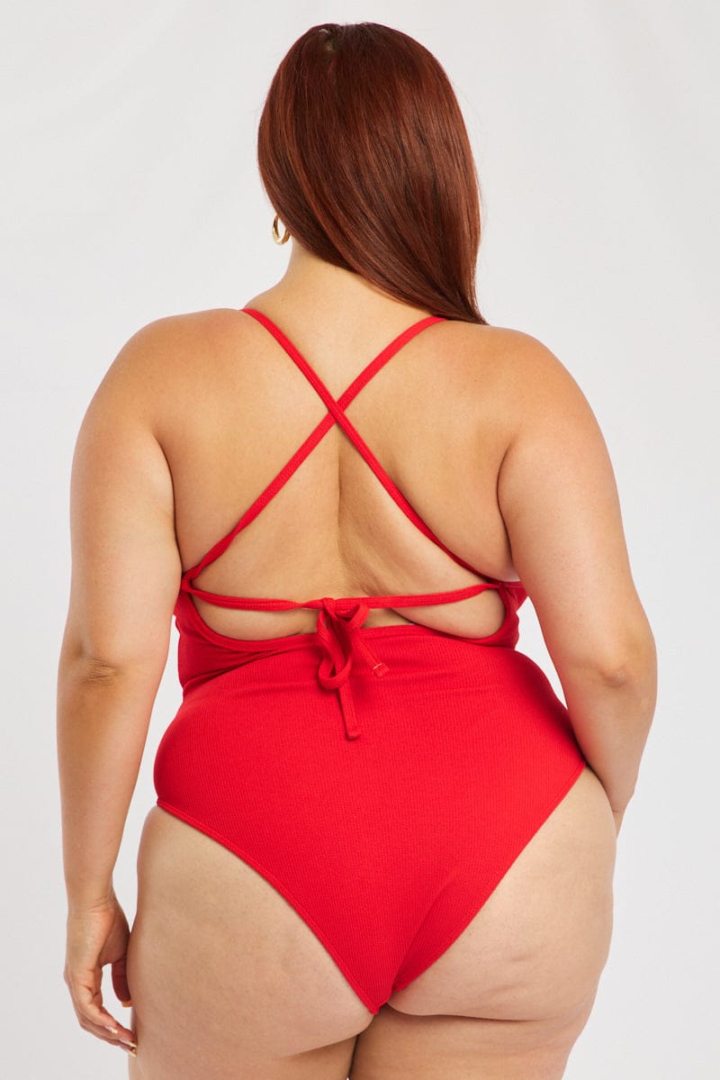 Red V-neck Textured One Piece Swimsuit for YouandAll Fashion
