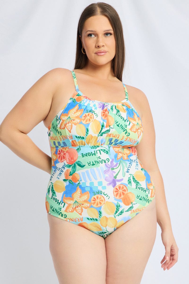 Multi Abstract Ruched Detail One Piece Swimsuit for YouandAll Fashion