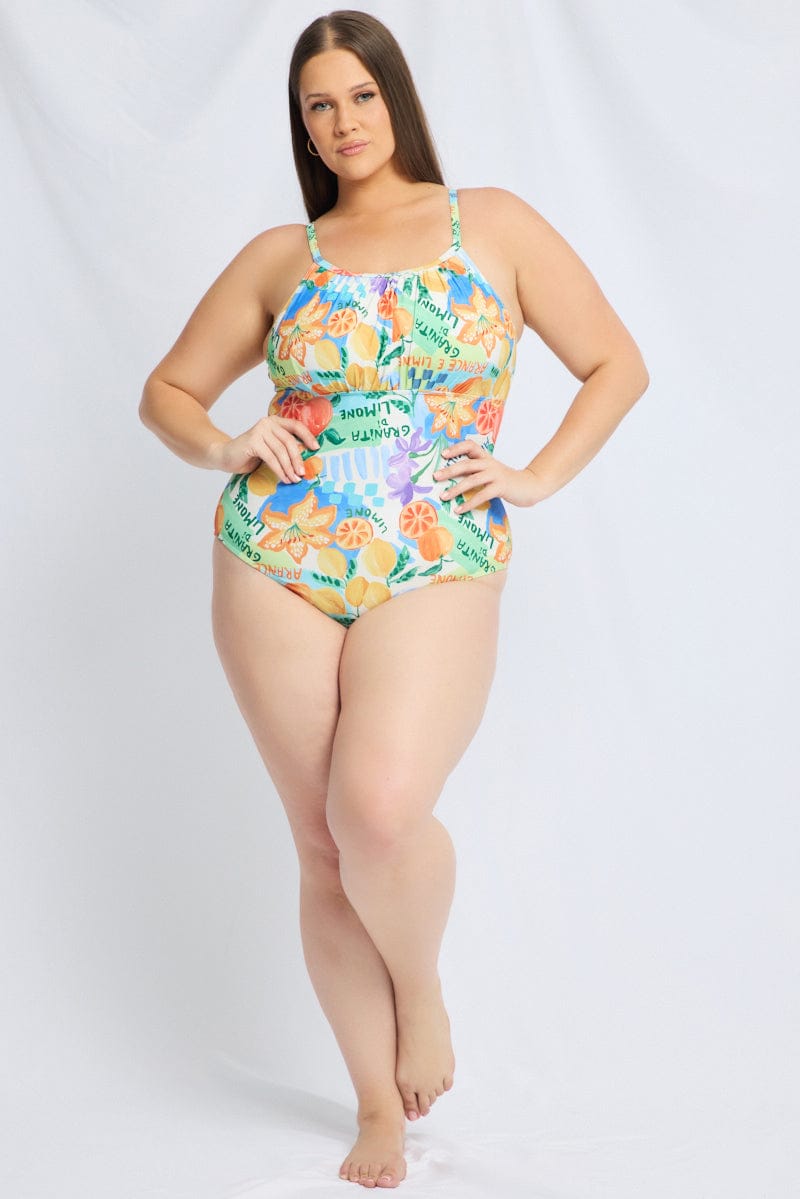 Multi Abstract Ruched Detail One Piece Swimsuit for YouandAll Fashion
