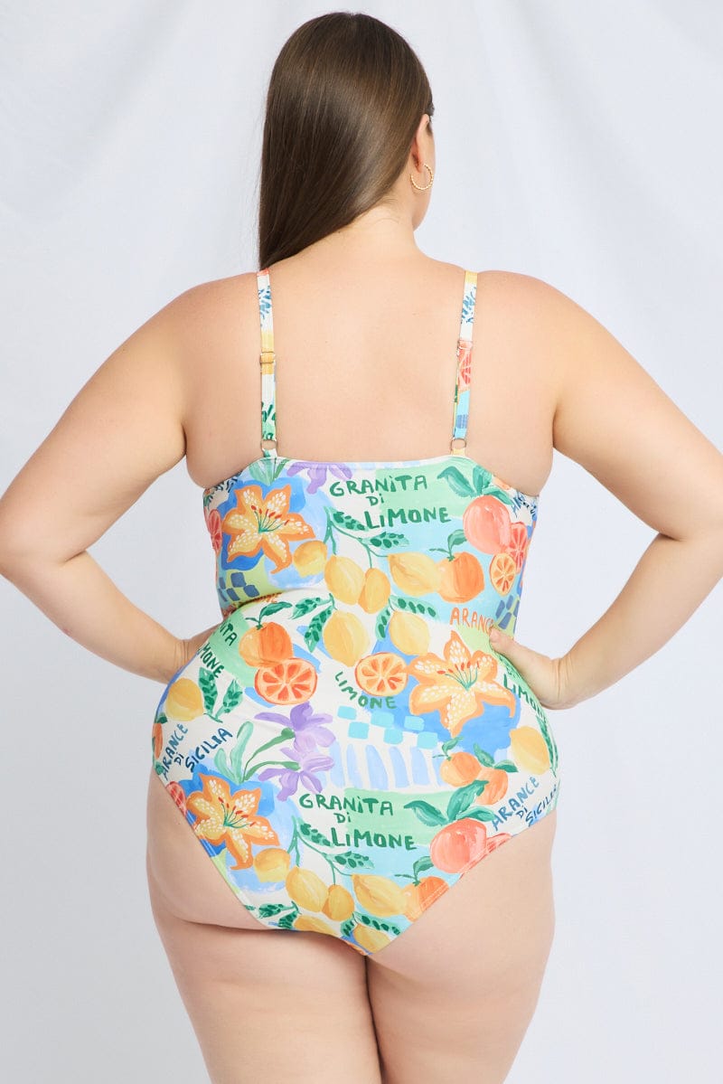 Multi Abstract Ruched Detail One Piece Swimsuit for YouandAll Fashion