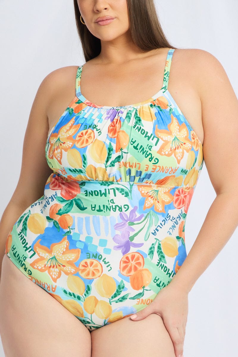 Multi Abstract Ruched Detail One Piece Swimsuit for YouandAll Fashion