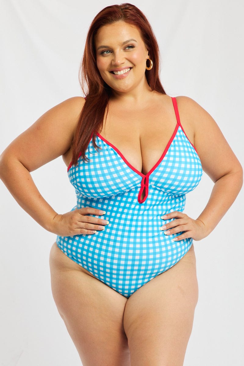 Blue Check One Piece Swimsuit for YouandAll Fashion