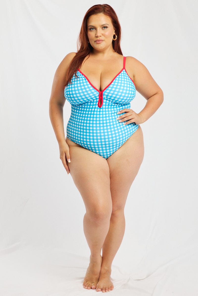 Blue Check One Piece Swimsuit for YouandAll Fashion