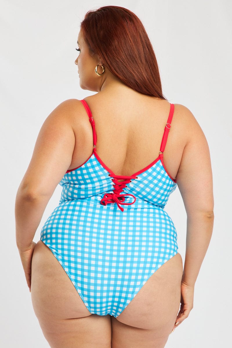 Blue Check One Piece Swimsuit for YouandAll Fashion
