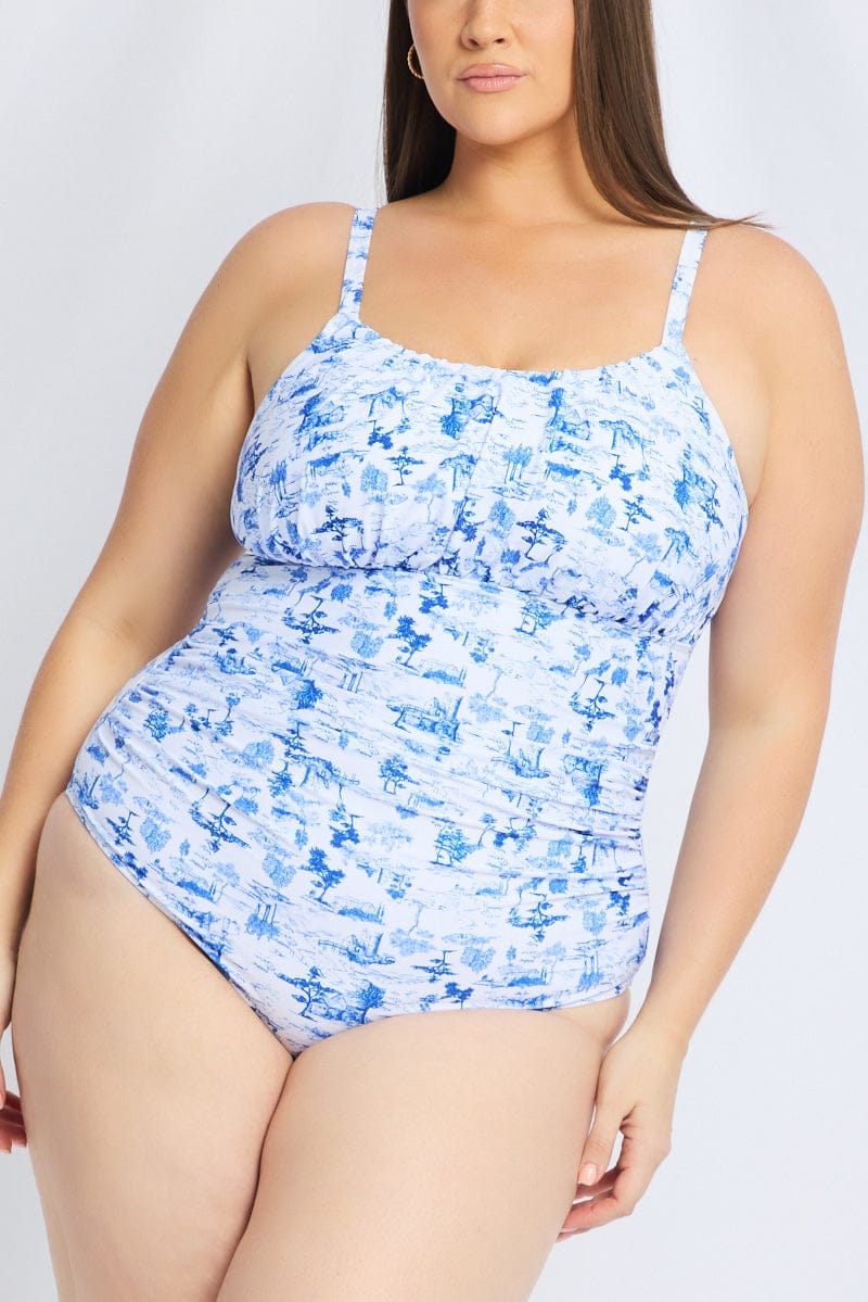 White Abstract Ruched Detail One Piece Swimsuit for YouandAll Fashion