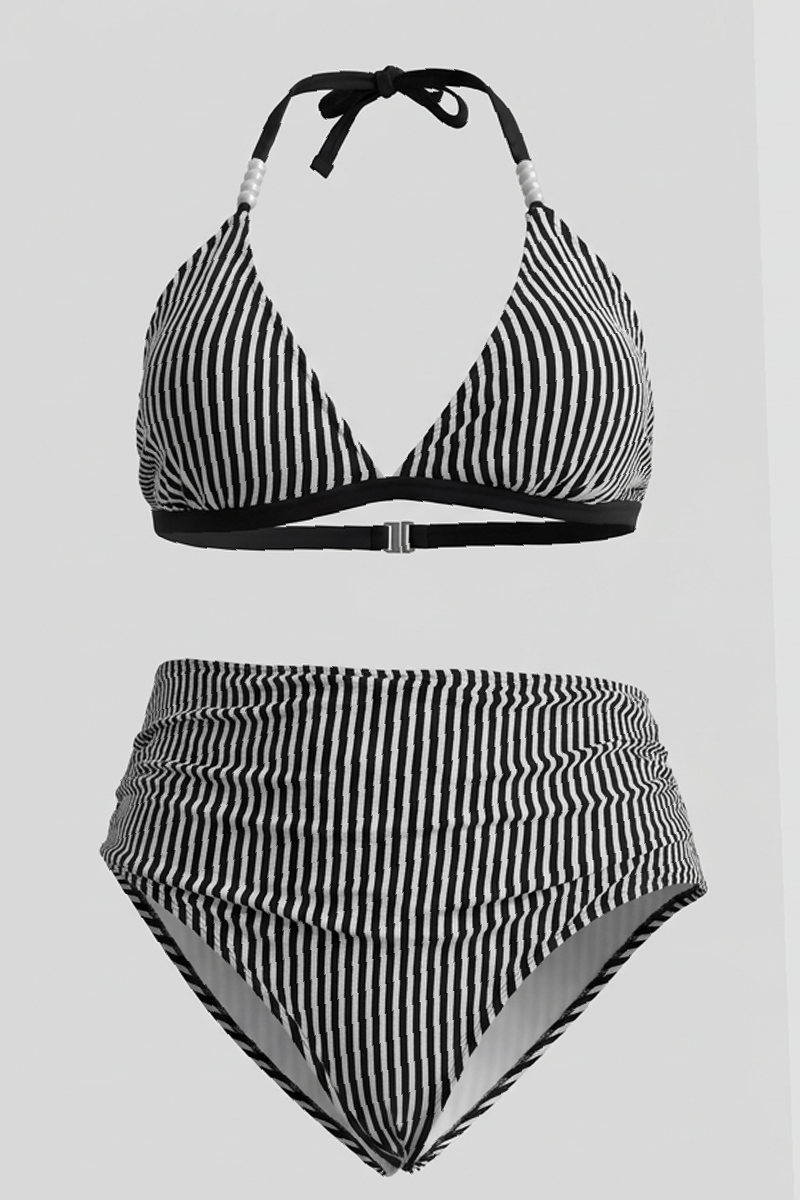 Black Stripe Pearl Detail Bikini Set for YouandAll Fashion