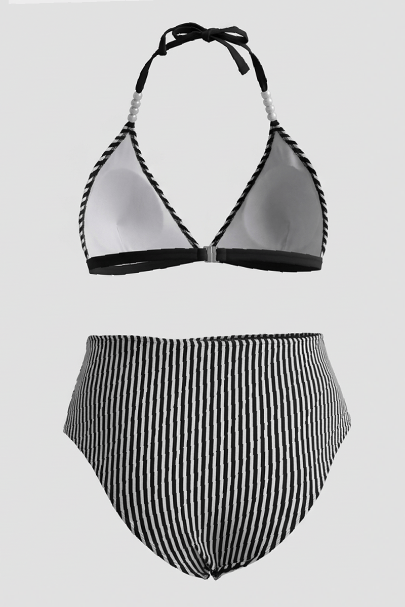 Black Stripe Pearl Detail Bikini Set for YouandAll Fashion