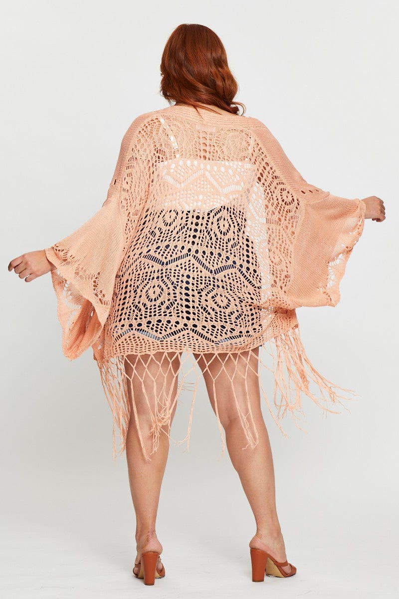 Orange Longline Cardigan Batwing Sleeve Crochet