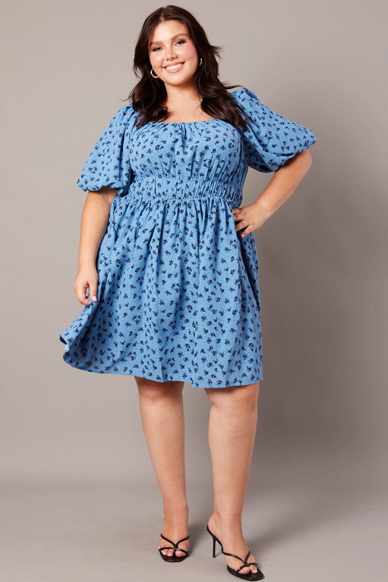 Blue Ditsy Puff Skater Dress for YouandAll Fashion