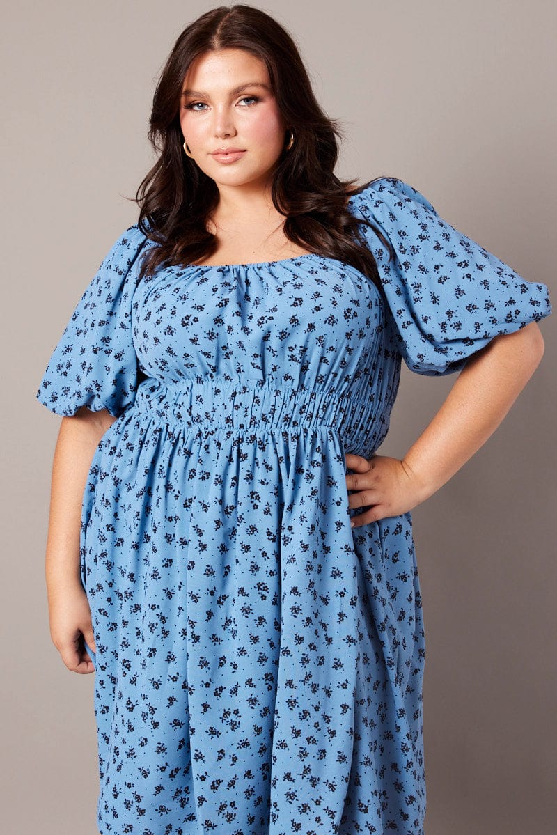 Blue Ditsy Puff Skater Dress for YouandAll Fashion