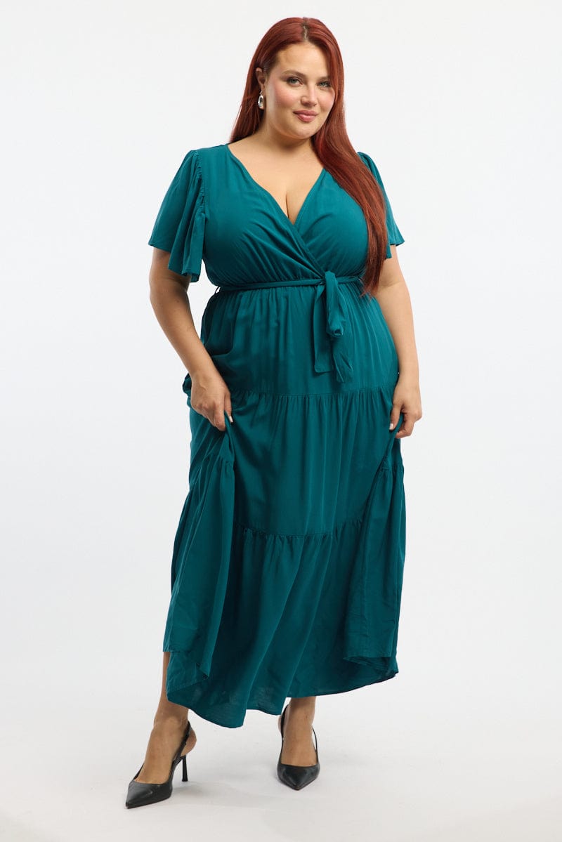Green Tiered Maxi Dress Short Sleeve for YouandAll Fashion