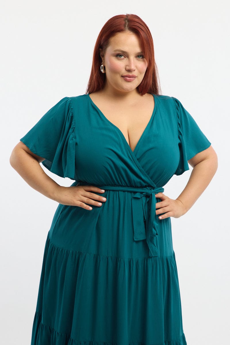 Green Tiered Maxi Dress Short Sleeve for YouandAll Fashion