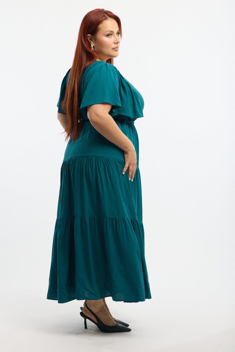 Green Tiered Maxi Dress Short Sleeve for YouandAll Fashion