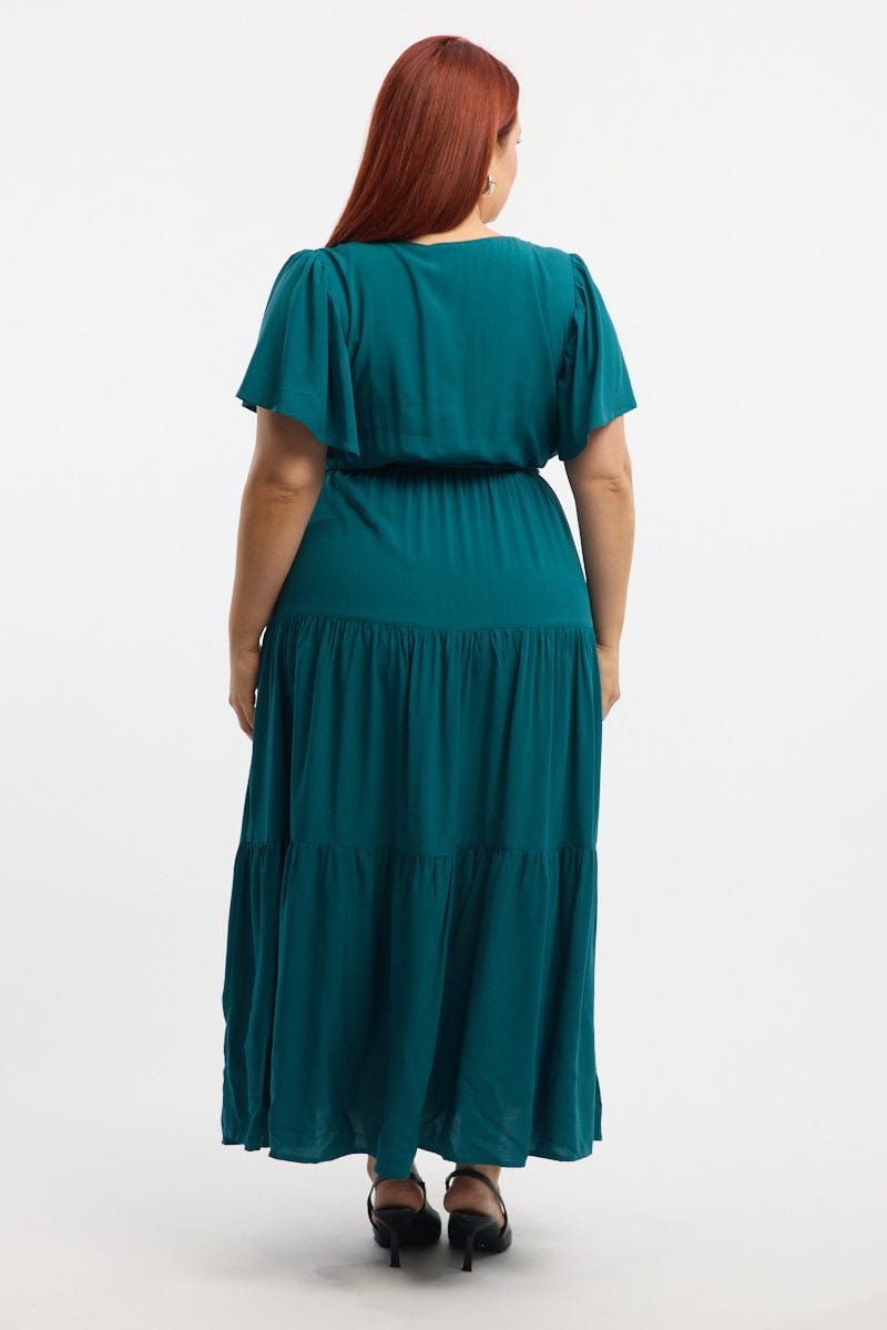 Green Tiered Maxi Dress Short Sleeve for YouandAll Fashion