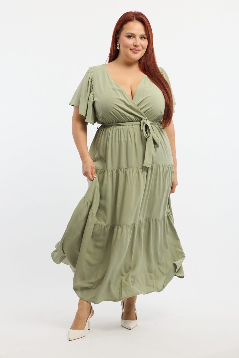 Green Tiered Maxi Dress Short Sleeve for YouandAll Fashion
