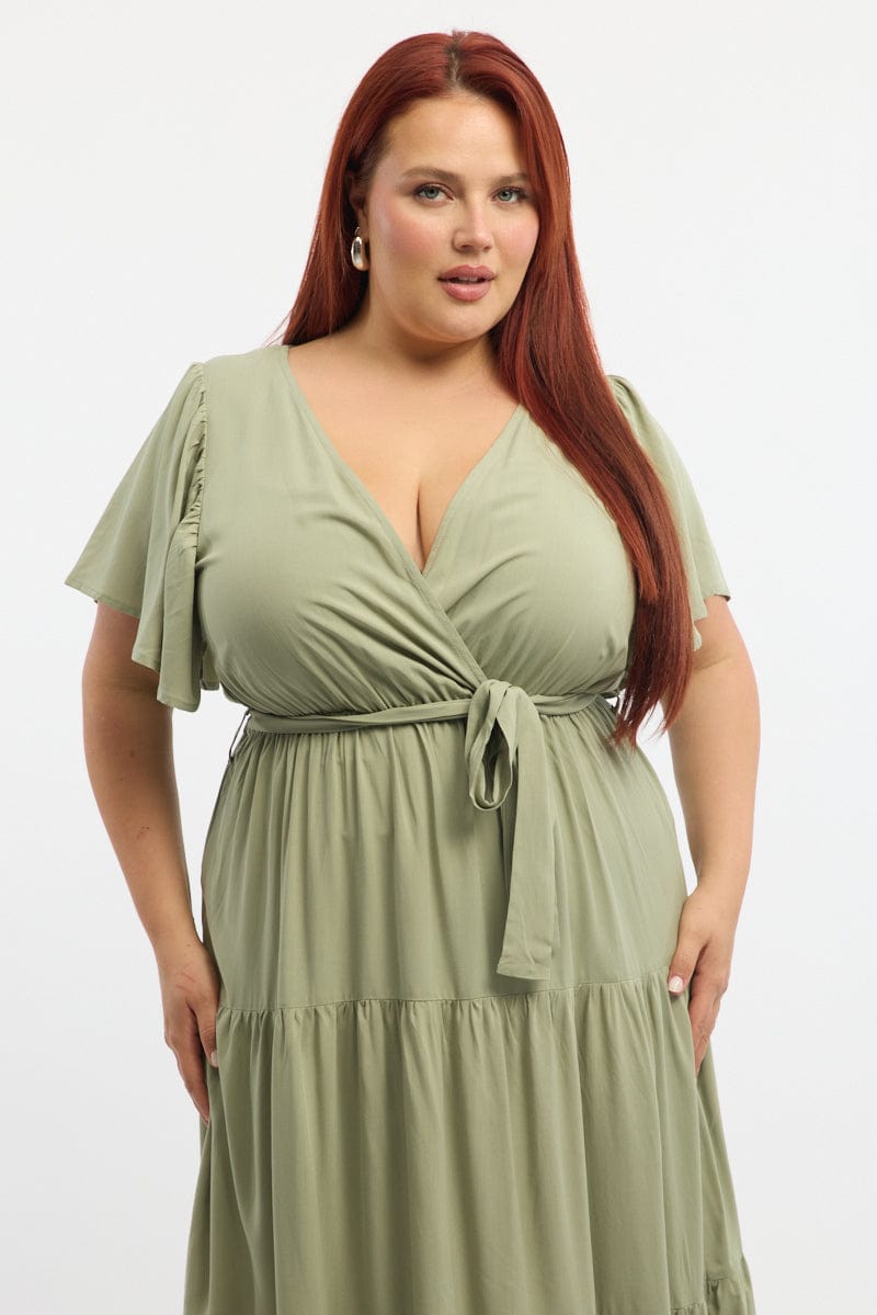Green Tiered Maxi Dress Short Sleeve for YouandAll Fashion
