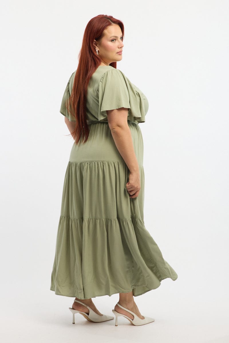 Green Tiered Maxi Dress Short Sleeve for YouandAll Fashion