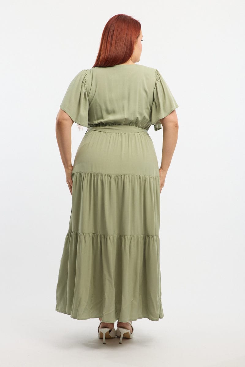 Green Tiered Maxi Dress Short Sleeve for YouandAll Fashion