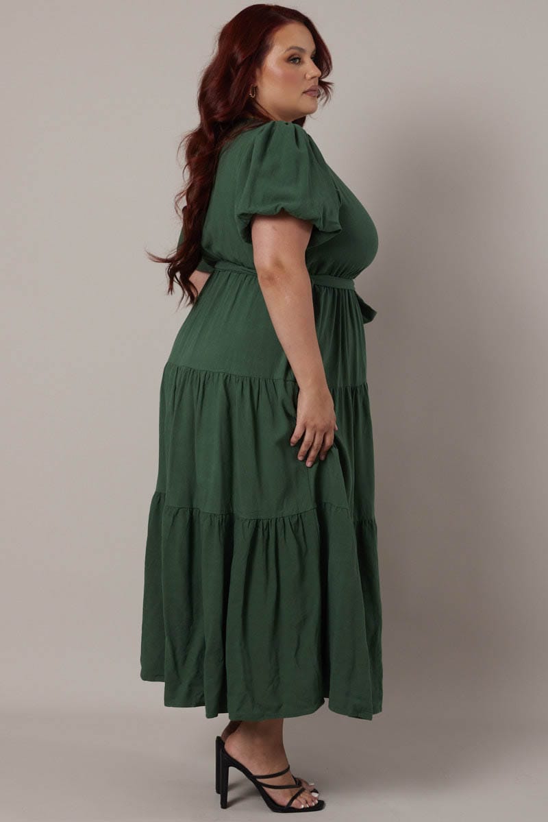 Green Puff Sleeve Faux Wrap Linen Blend Dress for YouandAll Fashion