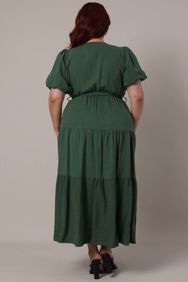 Green Puff Sleeve Faux Wrap Linen Blend Dress for YouandAll Fashion