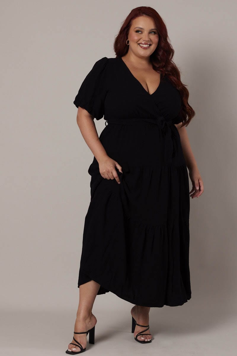 Black Puff Sleeve Faux Wrap Linen Blend Dress for YouandAll Fashion