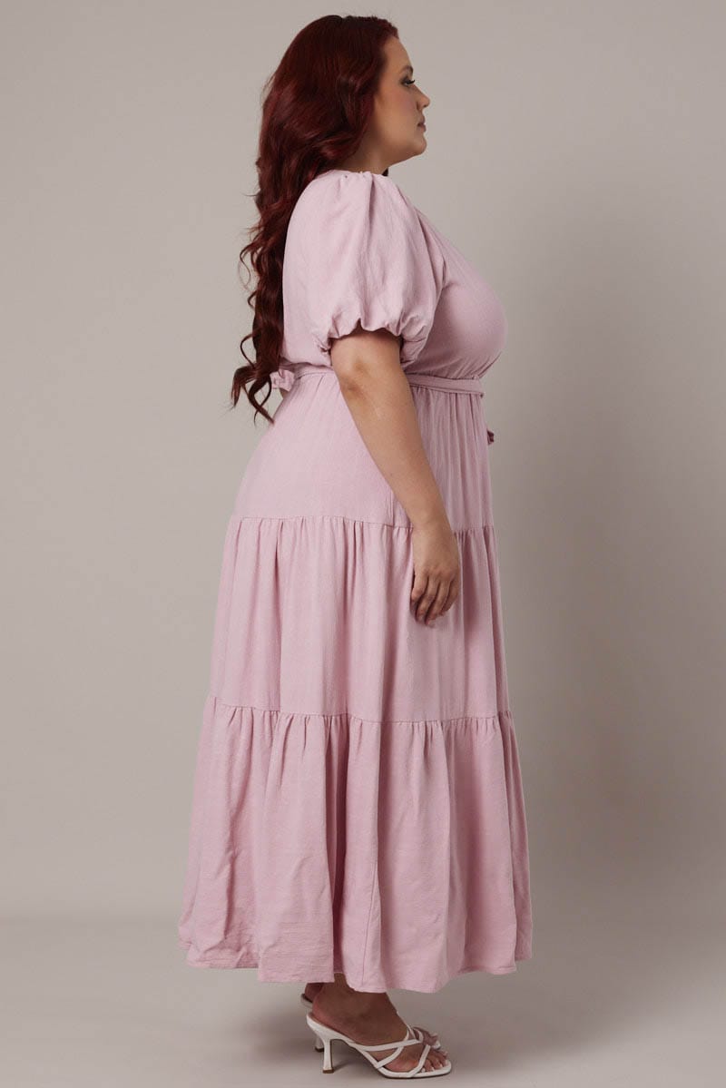 Pink Puff Sleeve Faux Wrap Linen Blend Dress for YouandAll Fashion