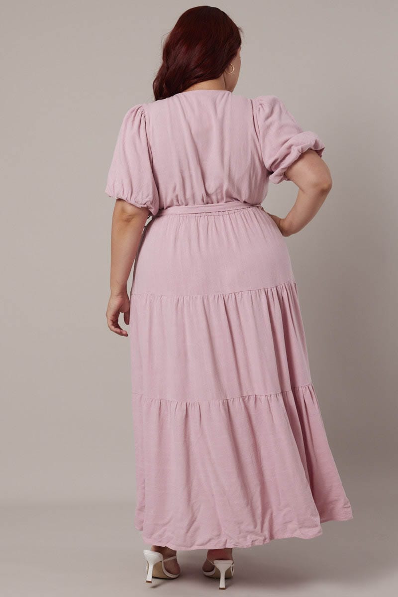 Pink Puff Sleeve Faux Wrap Linen Blend Dress for YouandAll Fashion