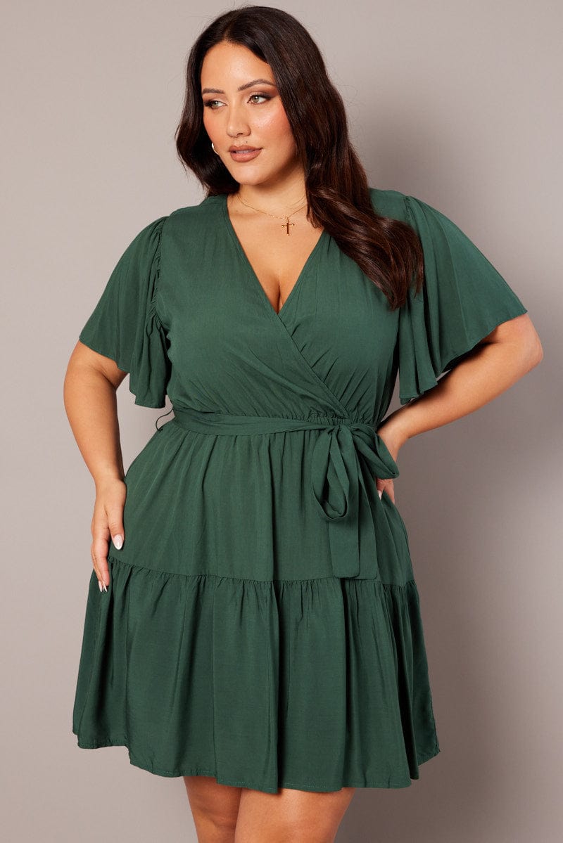 Green Wrapover Mini Dress Flare Sleeve Tie Waist for YouandAll Fashion