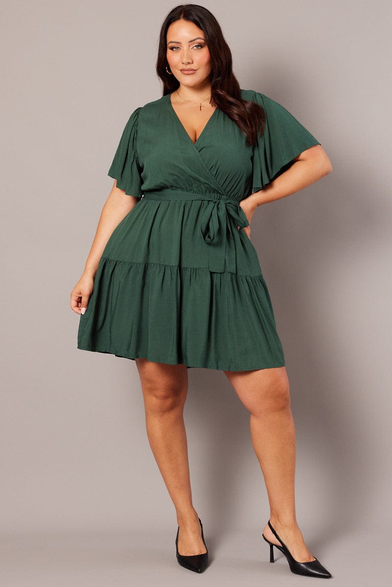 Green Wrapover Mini Dress Flare Sleeve Tie Waist for YouandAll Fashion