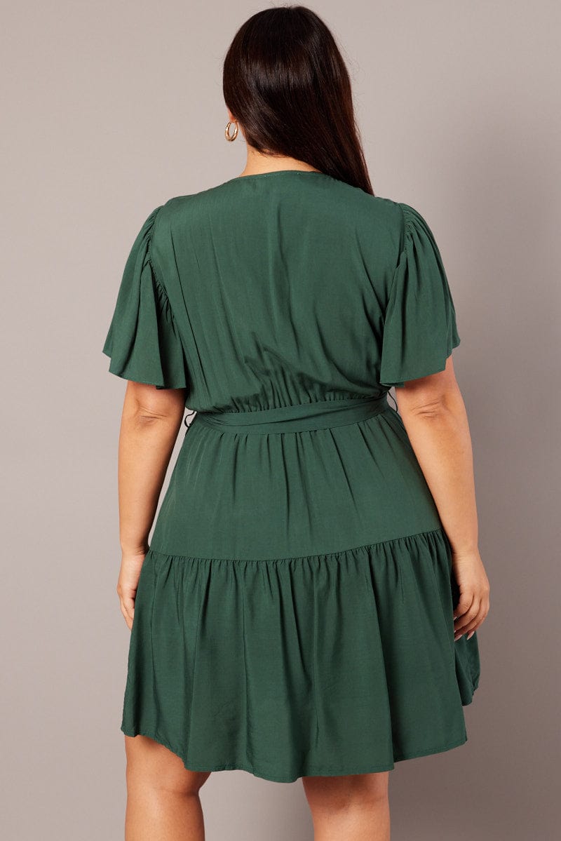 Green Wrapover Mini Dress Flare Sleeve Tie Waist for YouandAll Fashion