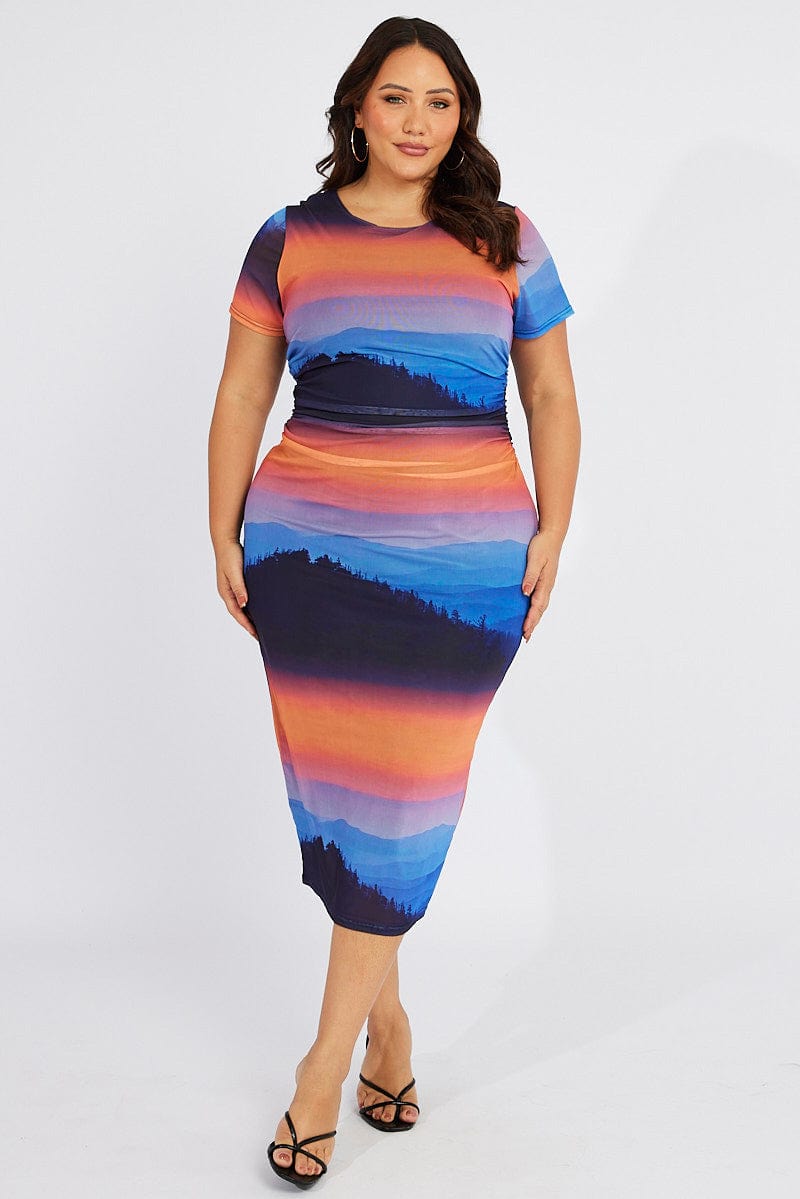 Multi Abstract Bodycon T-Shirt Landscape Midi Dress for YouandAll Fashion