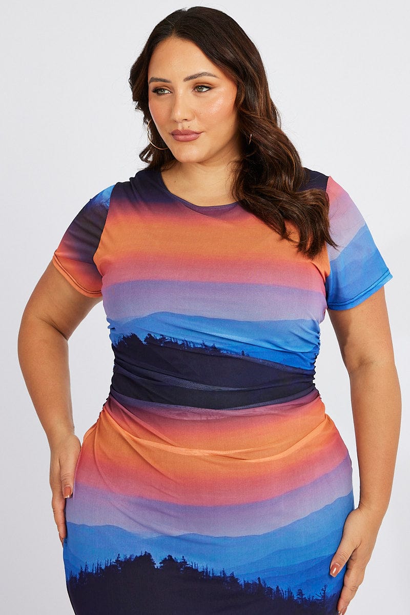 Multi Abstract Bodycon T-shirt Landscape Midi Dress