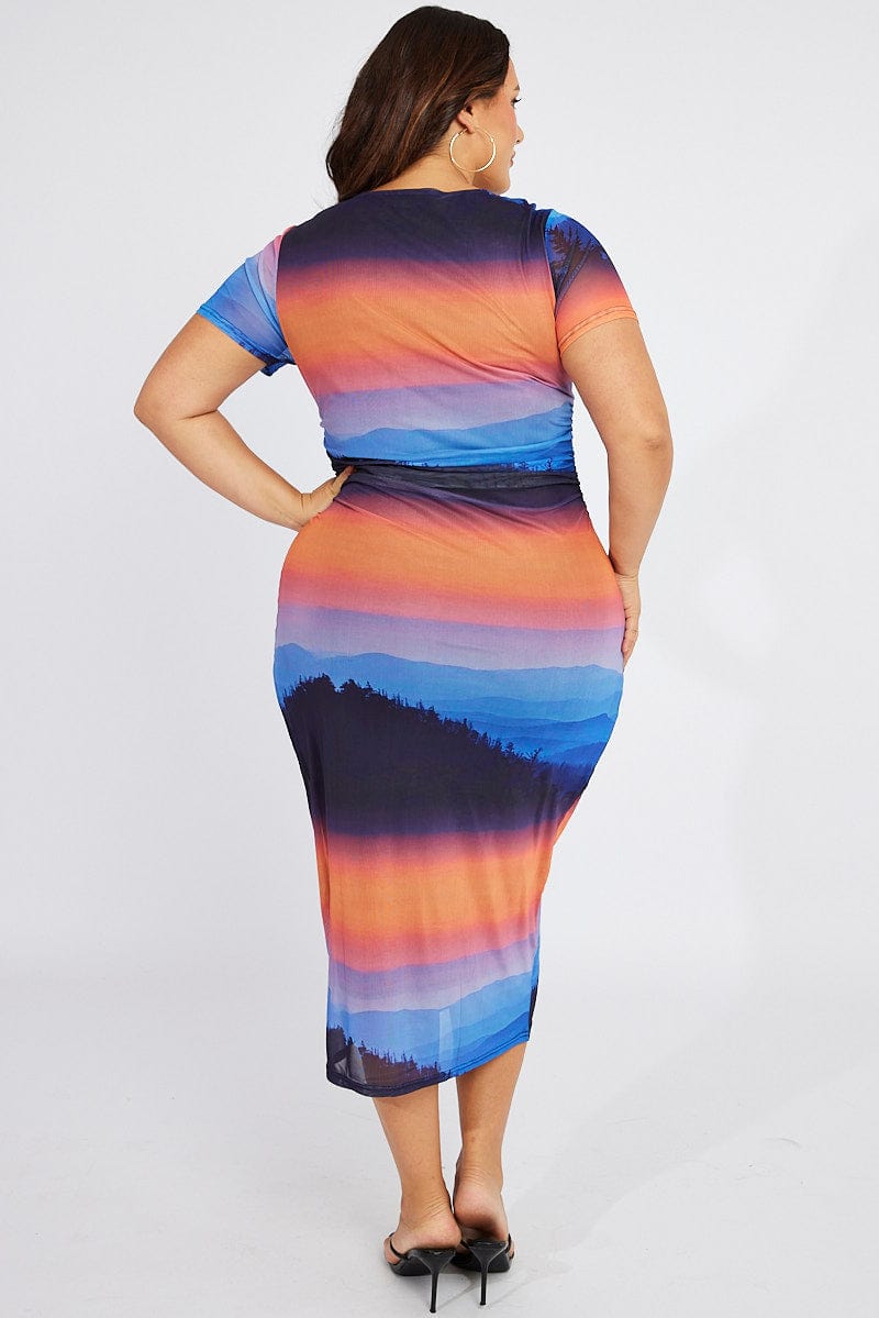 Multi Abstract Bodycon T-Shirt Landscape Midi Dress for YouandAll Fashion
