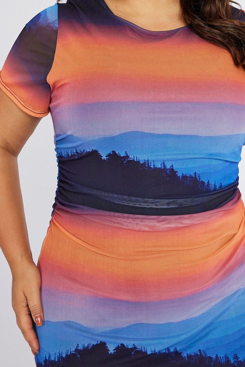 Multi Abstract Bodycon T-shirt Landscape Midi Dress