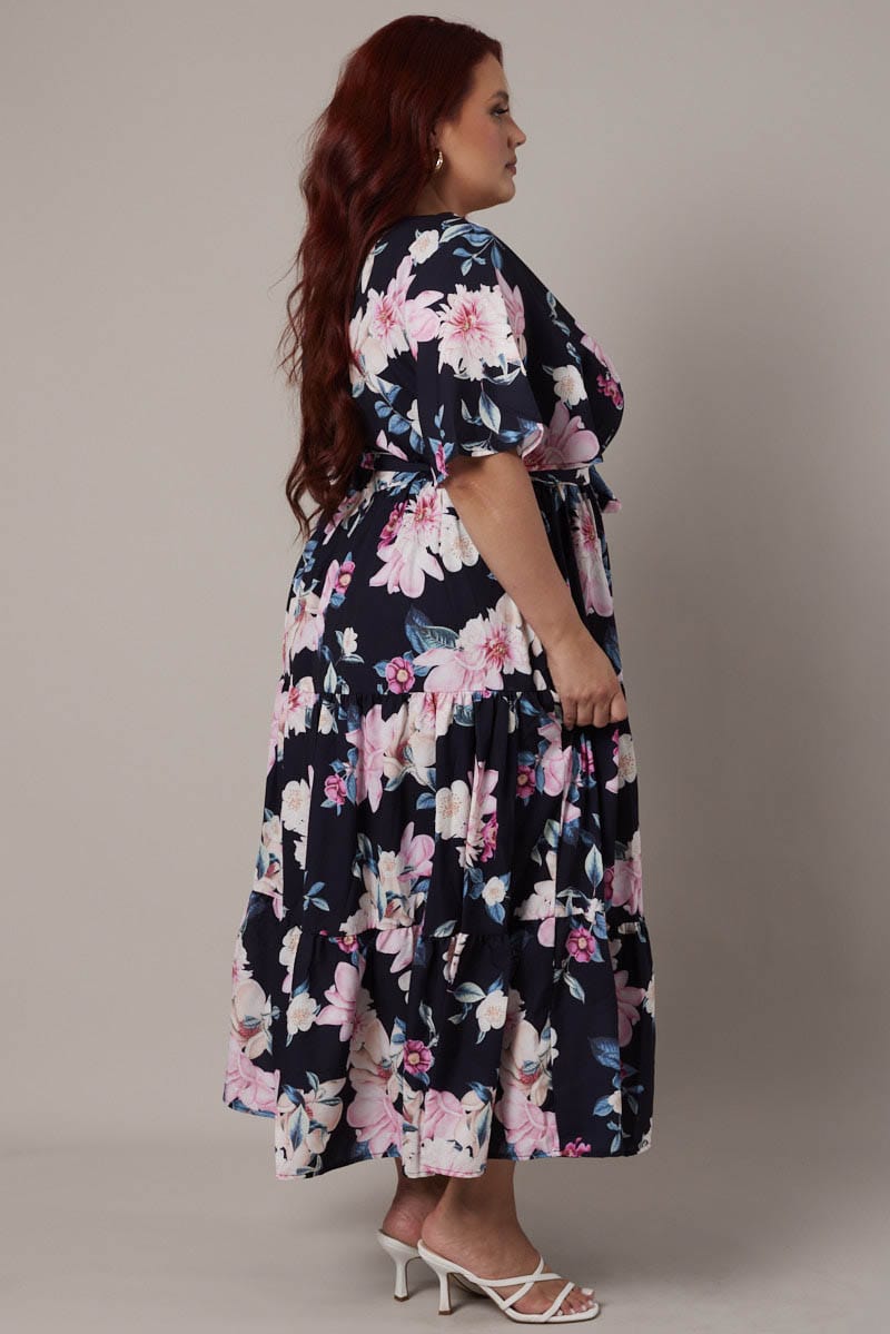 Black Floral Midi Dress Short Sleeve Wrap Front Tiered for YouandAll Fashion