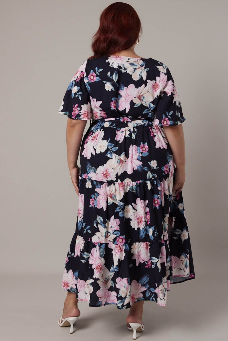 Black Floral Midi Dress Short Sleeve Wrap Front Tiered for YouandAll Fashion