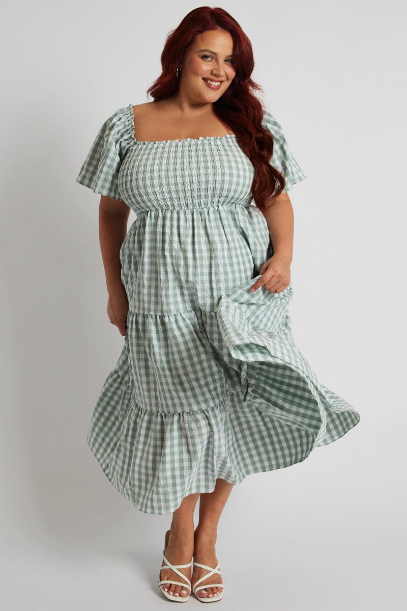 Green Check Midi Dress Short Sleeve Tie Back for YouandAll Fashion