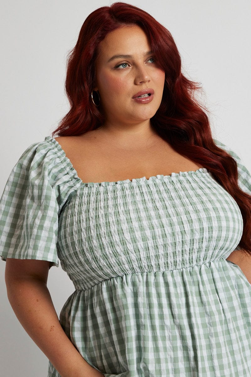 Green Check Midi Dress Short Sleeve Tie Back for YouandAll Fashion