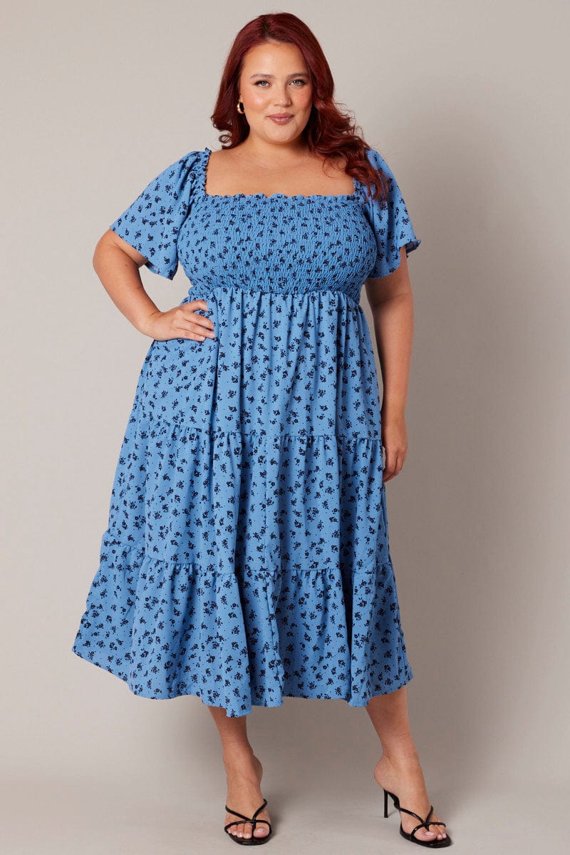 Blue Ditsy Midi Dress Short Sleeve Tiered Tie Back for YouandAll Fashion