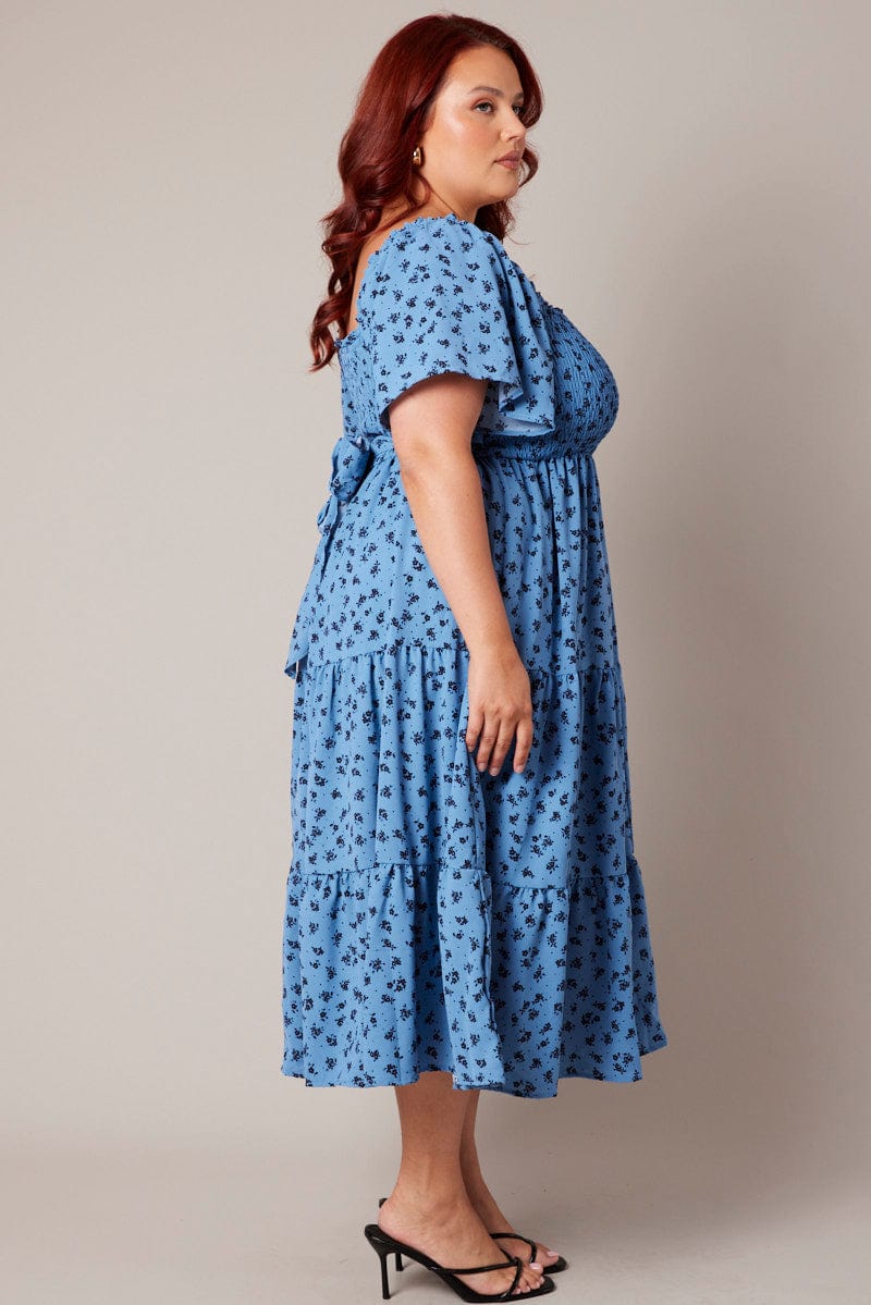 Blue Ditsy Midi Dress Short Sleeve Tiered Tie Back for YouandAll Fashion