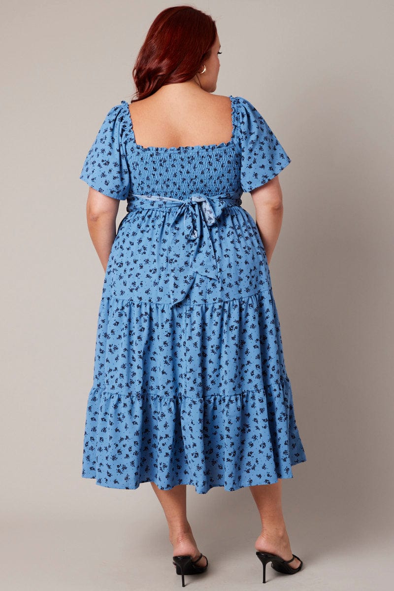 Blue Ditsy Midi Dress Short Sleeve Tiered Tie Back for YouandAll Fashion