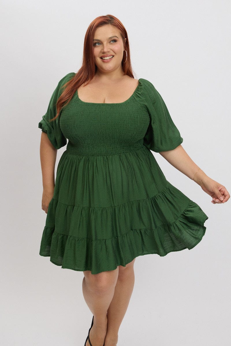 Green Shirred Bodice Puff Sleeve Tiered Mini Dress for YouandAll Fashion