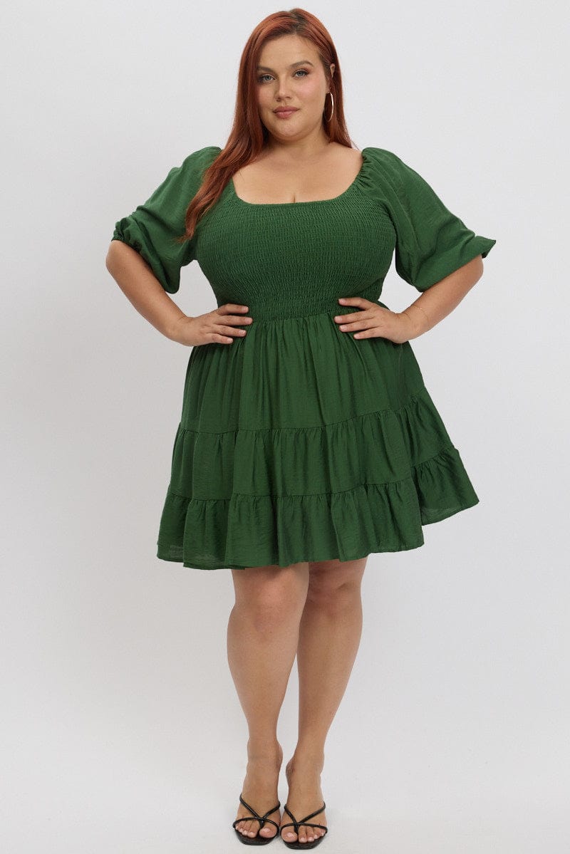 Green Shirred Bodice Puff Sleeve Tiered Mini Dress for YouandAll Fashion