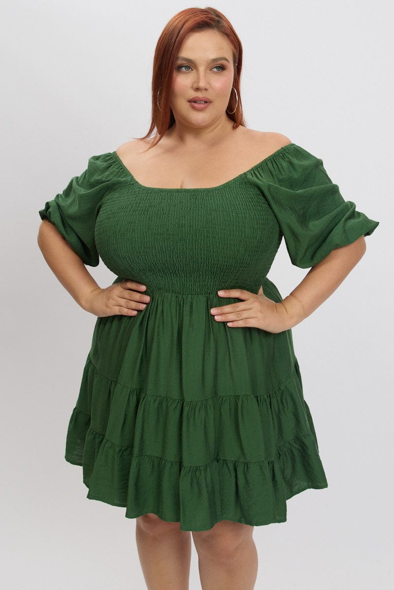 Green Shirred Bodice Puff Sleeve Tiered Mini Dress for YouandAll Fashion