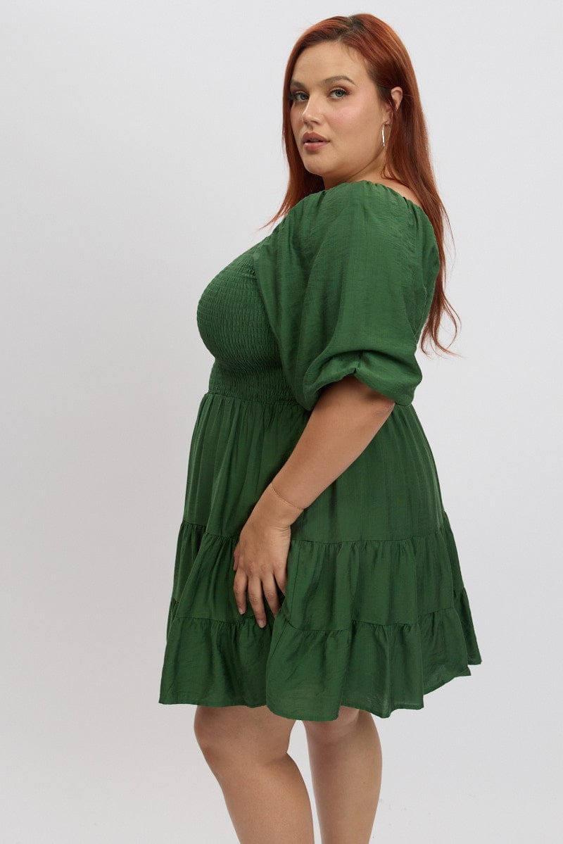 Green Shirred Bodice Puff Sleeve Tiered Mini Dress for YouandAll Fashion