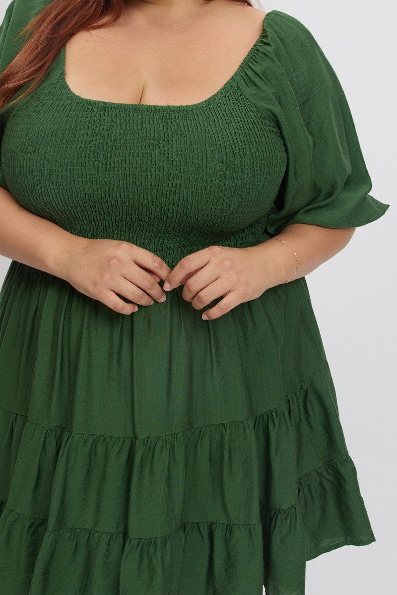 Green Shirred Bodice Puff Sleeve Tiered Mini Dress for YouandAll Fashion