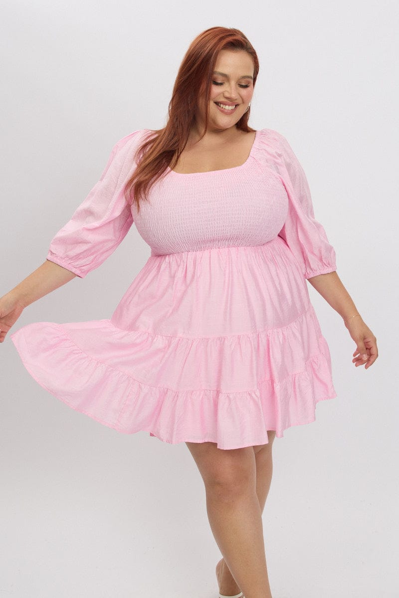 Pink Shirred Bodice Puff Sleeve Tiered Mini Dress for YouandAll Fashion