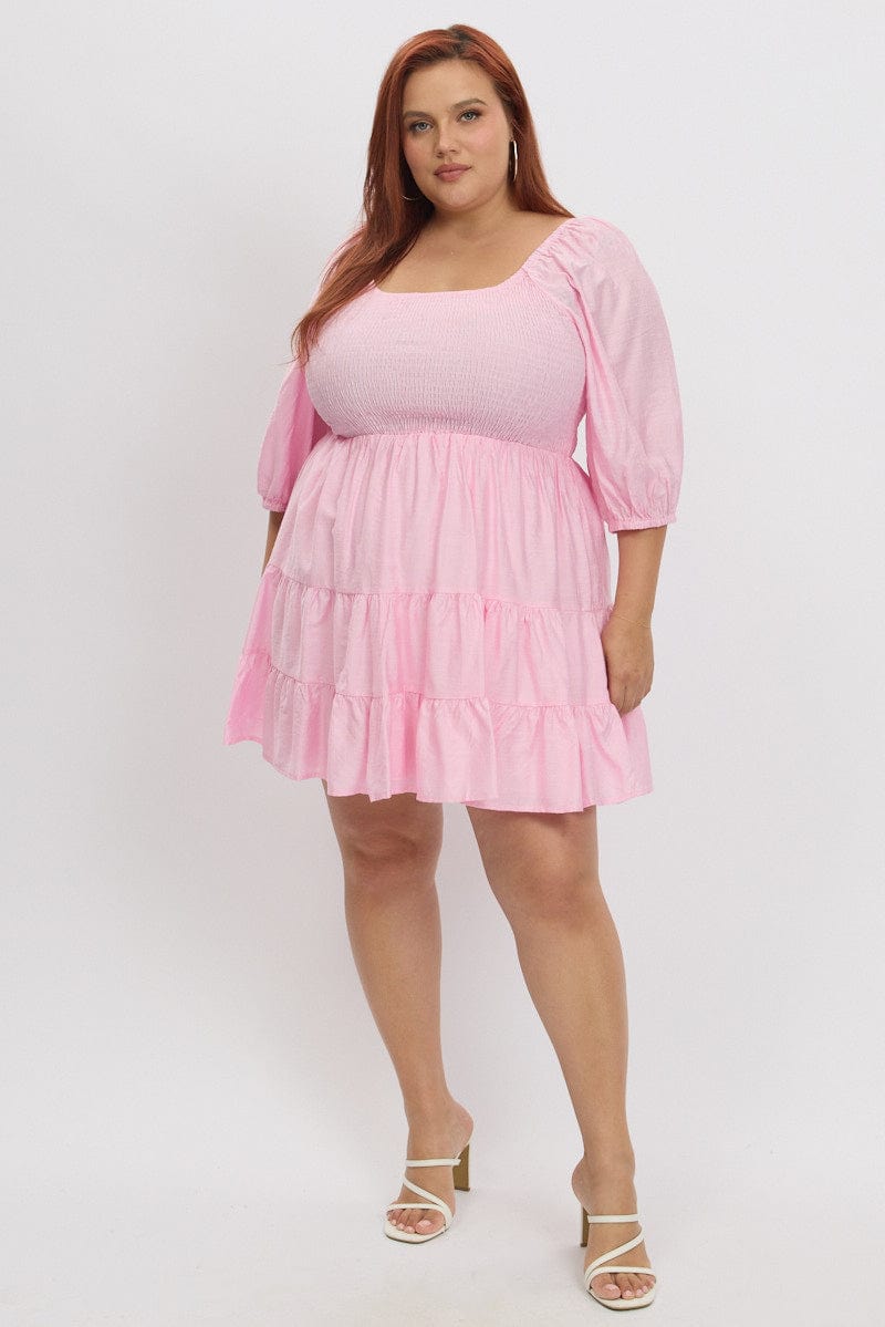 Pink Shirred Bodice Puff Sleeve Tiered Mini Dress for YouandAll Fashion